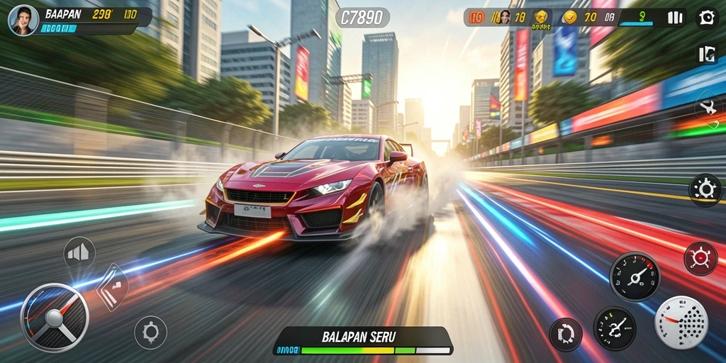 Tampilan gameplay C7890 dengan mobil balap di lintasan yang menegangkan.