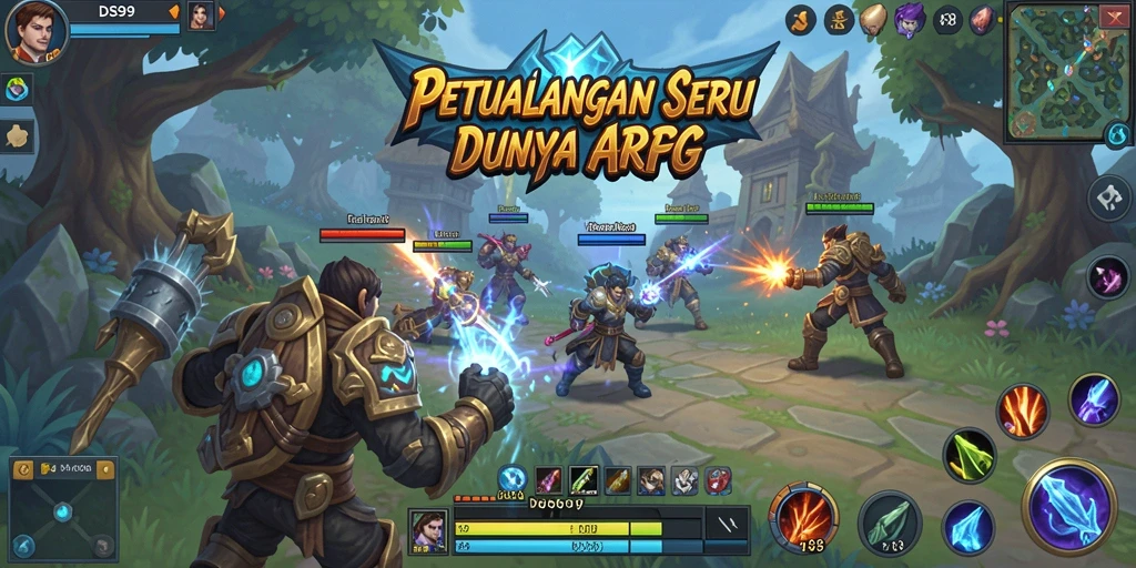 Screenshot gameplay DS99 menunjukkan pertarungan intens dan dunia yang luas.